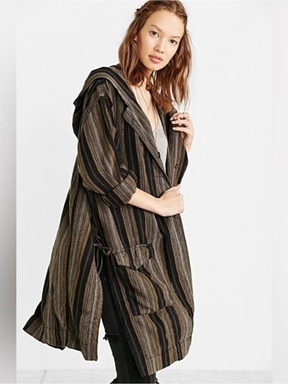BDG Striped Hooded Swim Cover-Up in Black and Brown